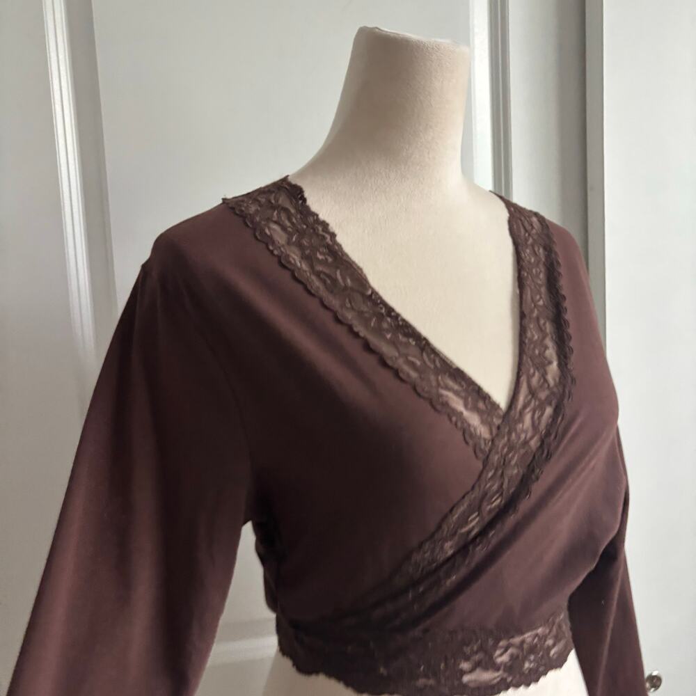 Y2K Brown Wrap Top Lace Balletcore Soft Girl Cropped L Ballerina Jason Maxwell - Picture 5 of 12
